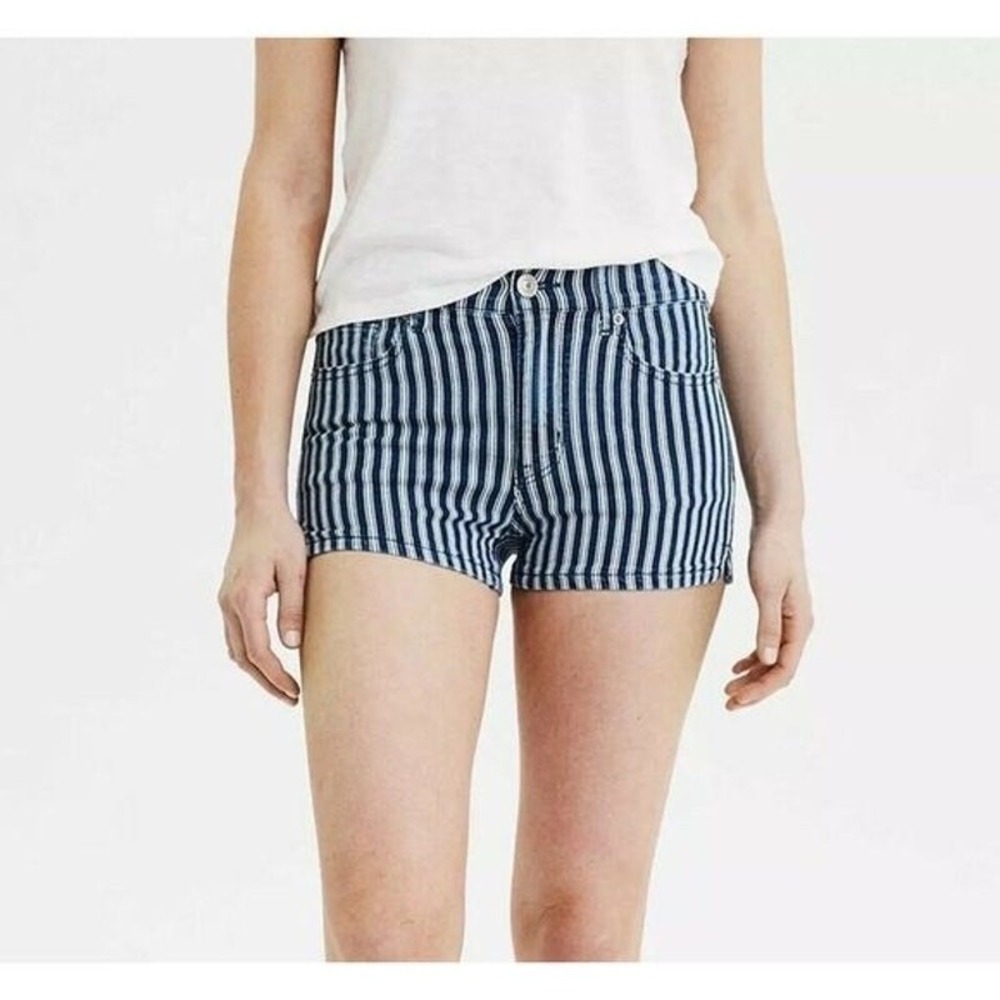 American Eagle Striped Hi Rise Shortie Denim Shorts 4